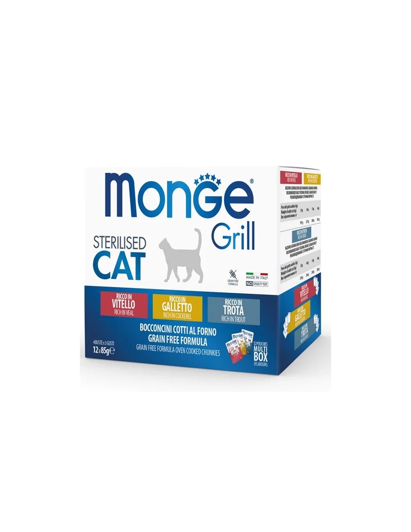 MONGE GrillMix Gatto Sterilizzato Galletto, Vitello, Trota 85 Gr x 12p