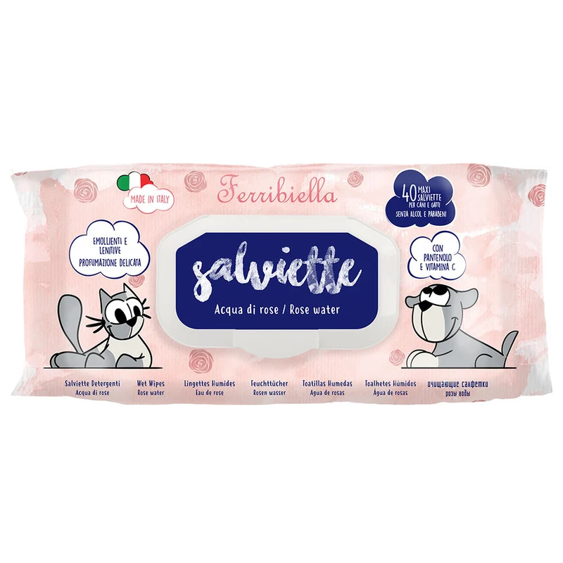 Salviette Detergenti per Cani e Gatti all'Acqua di Rose - Box 50 pz