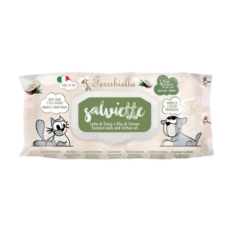 Salviette Detergenti per Cani e Gatti Cocco e Cotone - Box 50 pz