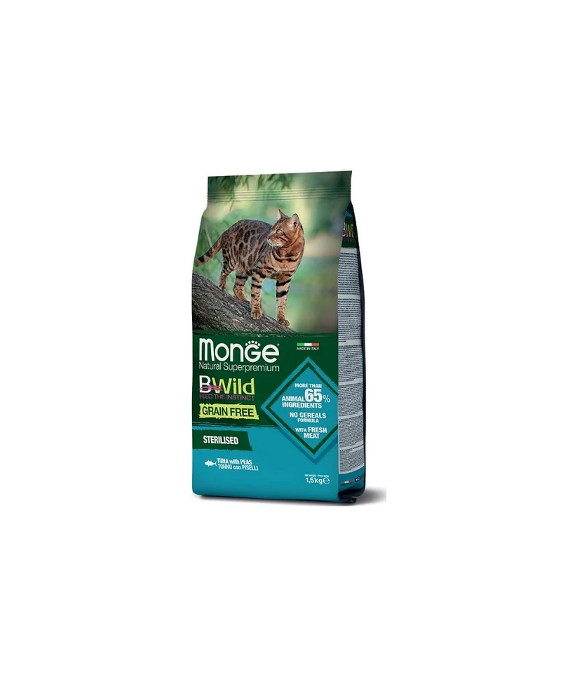 Monge BWild Grain Free Sterilizzato Tonno e Piselli - Crocchette Gatto - 1,5 kg