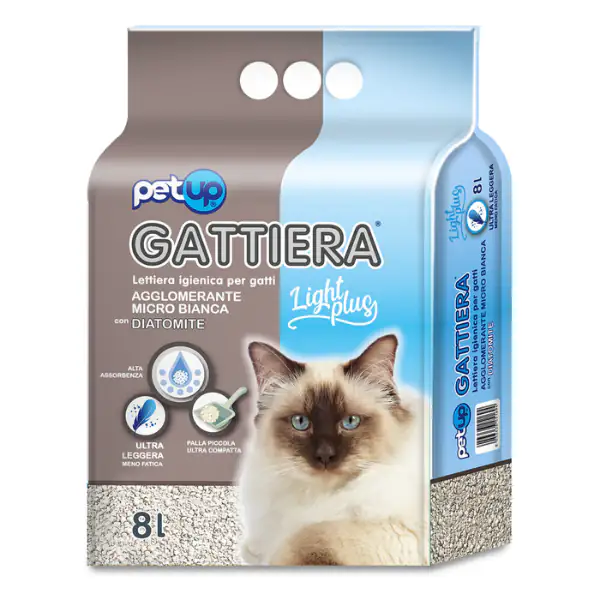 Lettiera agglomerante assorbente Micro Bianca con diatomite Gattiera Light Plus PetUp