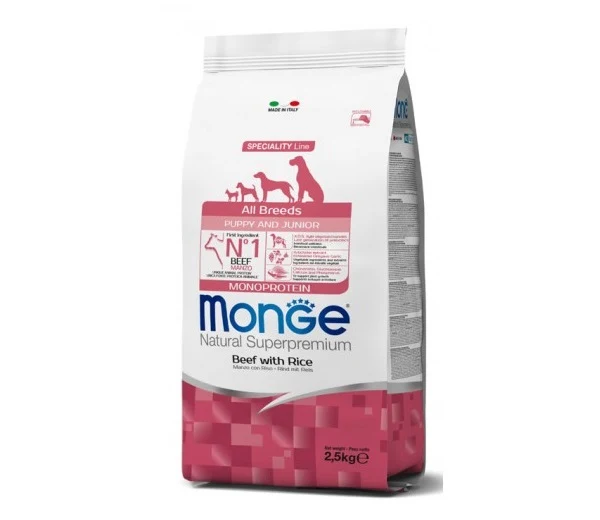MONGE CANE NATURAL SUPERPREMIUM PUPPY&JUNIOR ALL BREEDS MANZO & RISO 2,5 KG