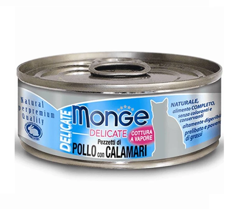MONGE GATTO DELICATE LATTINA ADULTO PEZZETTI DI POLLO & CALAMARI 80 GR