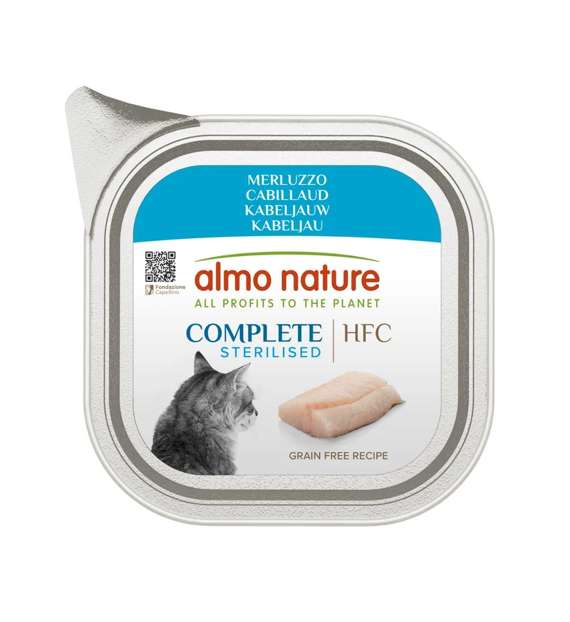 ALMO NATURE HFC GATTO COMPLETE STERILIZZATO MERLUZZO DA 85 GR IN VASCHETTA