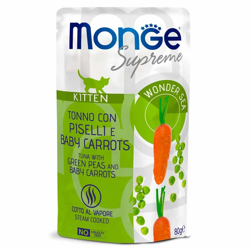 Alimento gatto Monge Supreme Kitten tonno piselli e carote 80g