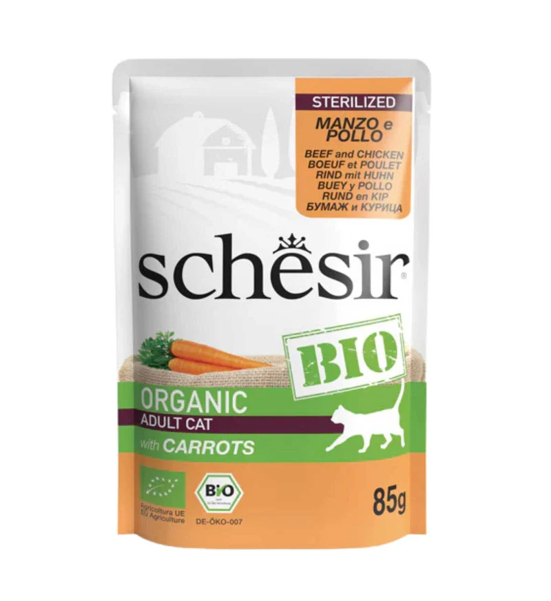 SCHESIR GATTO COMPLETO BIO STERILIZZATO MANZO E POLLO CON CAROTE DA 85 GR