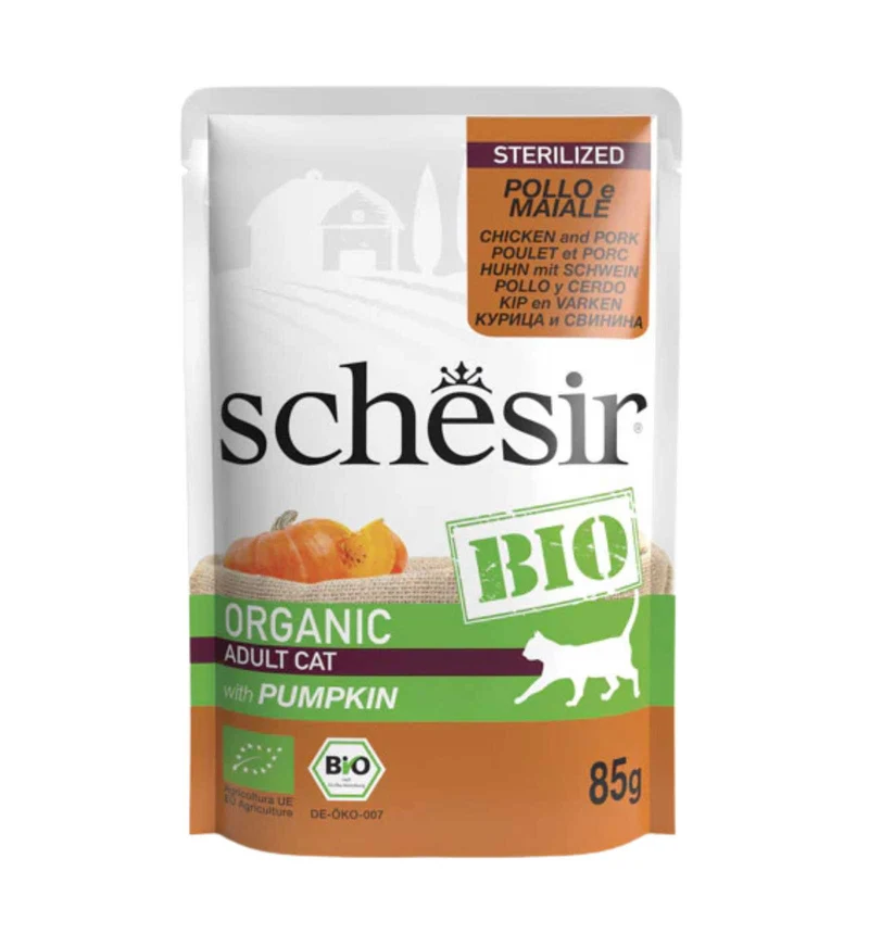 SCHESIR GATTO COMPLETO BIO STERILIZZATO POLLO E MAIALE CON ZUCCA DA 85 GR