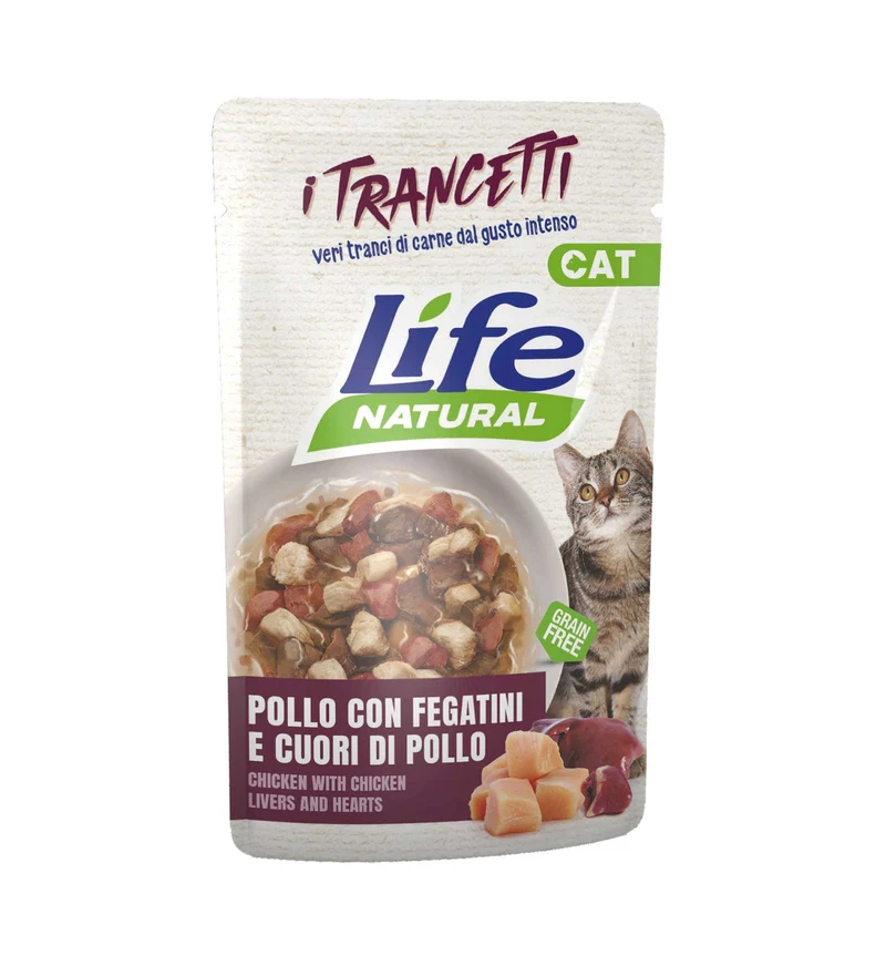 LIFEPETCARE GATTO LIFE CAT TRANCETTI POLLO CON CUORI E FEGATINI DA 55 GR IN BUSTA