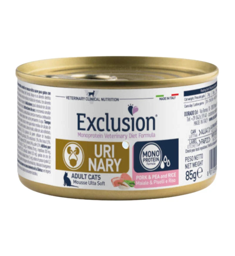 EXCLUSION GATTO DIET ADULT URINARY MAIALE PISELLI DA 85 GR IN LATTINA