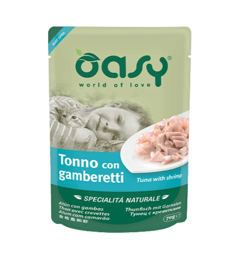 *OASY GATTO TONNO SPECIALITA' NATURALE CON GAMBERETTI DA 70 GR IN BUSTA