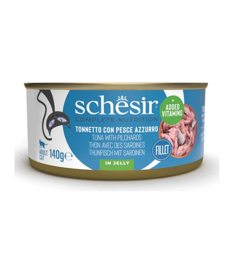 SCHESIR GATTO COMPLETO TONNO E PESCE AZZURRO IN GELATINA DA 140 GR