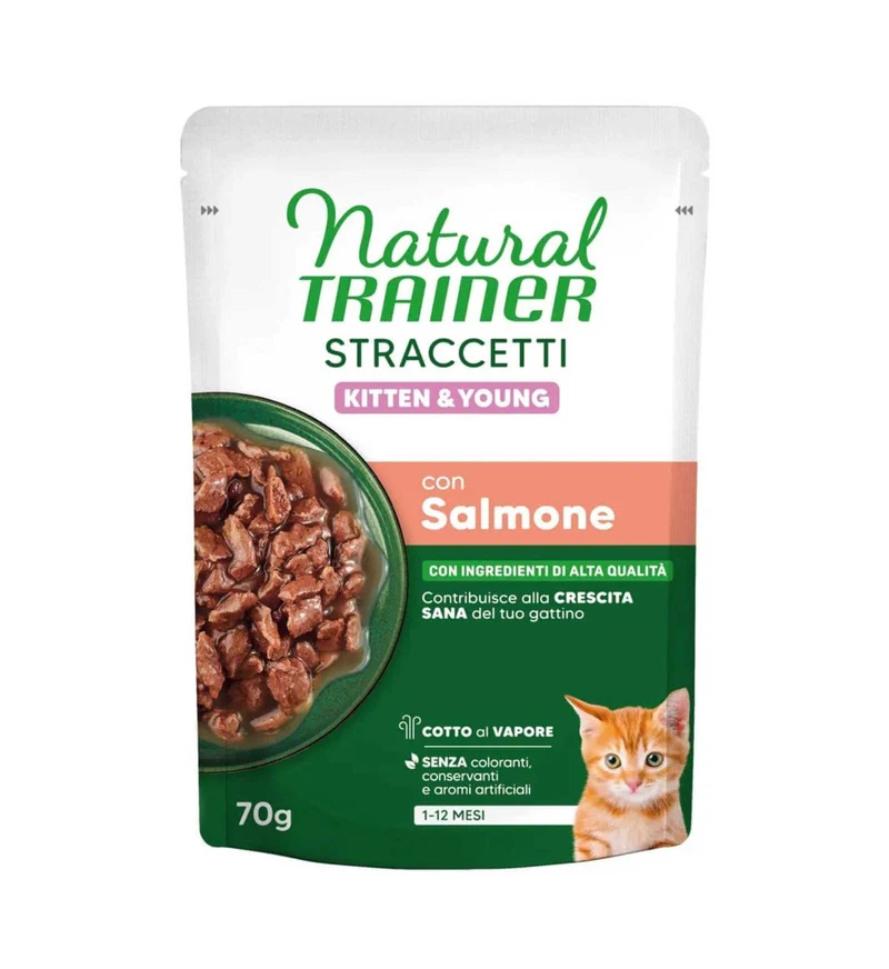TRAINER GATTO NATURAL KITTEN STRACCETTI SALMONE DA 70 GR