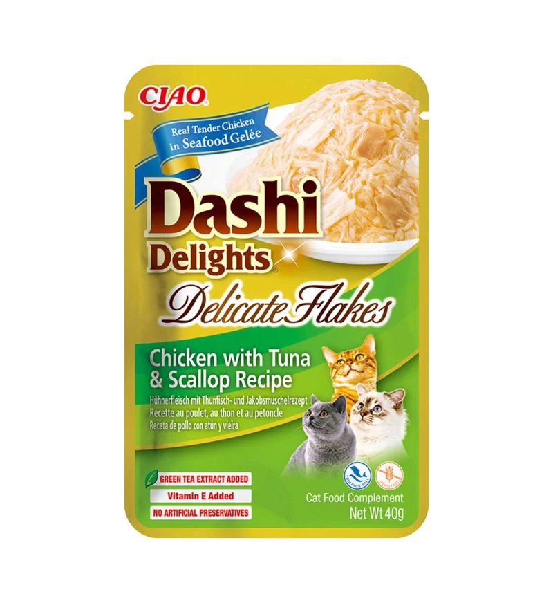 INABA CIAO DASHI DELIGHTS GATTO DELICATE FLAKES POLLO TONNO E CAPESANTE DA 40 GR