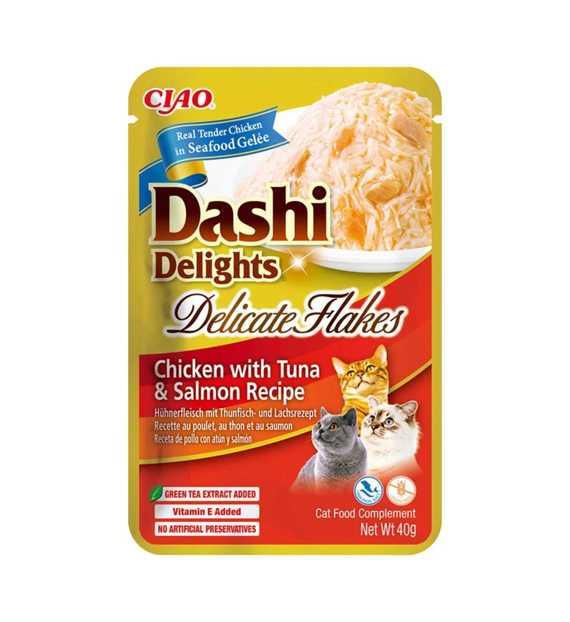 INABA CIAO DASHI DELIGHTS GATTO DELICATE FLAKES POLLO TONNO E SALMONE DA 40 GR