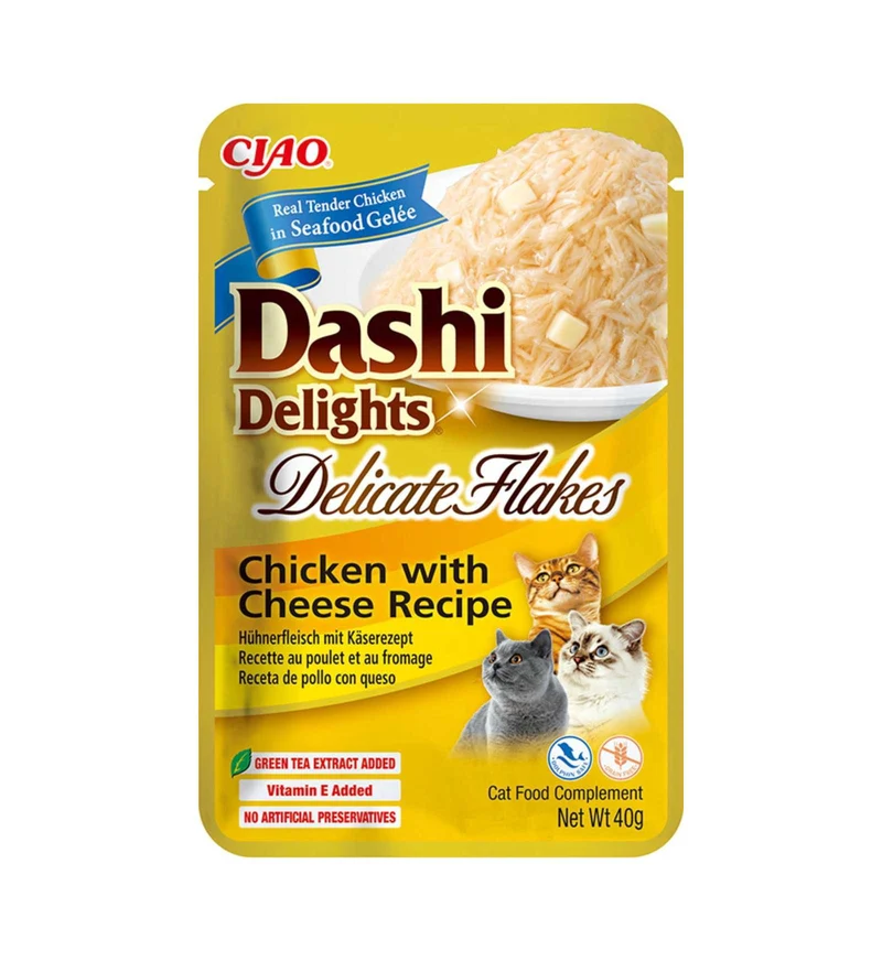 INABA CIAO DASHI DELIGHTS GATTO DELICATE FLAKES POLLO E FORMAGGIO DA 40 GR