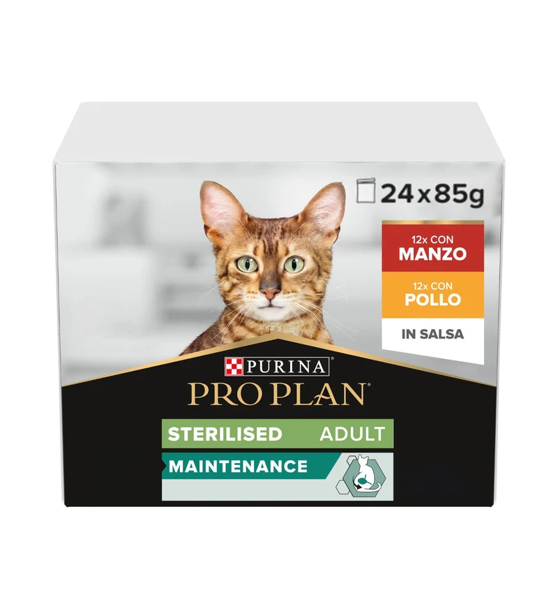 PURINA PRO PLAN GATTO ADULT STERILIZZATO MULTIPACK CON POLLO E MANZO IN SALSA 24 BUSTE DA 85 GR