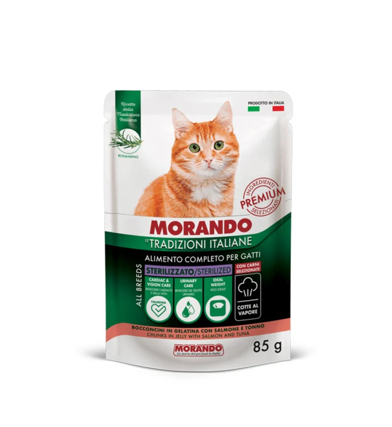 MORANDO TRADIZIONI ITALIANE GATTO STERILIZZATO BOCCONCINI IN GELATINA CON SALMONE E TONNO DA 85 GR IN BUSTA
