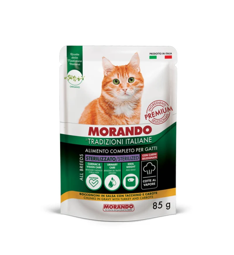 MORANDO TRADIZIONI ITALIANE GATTO STERILIZZATO BOCCONCINI IN GELATINA CON TACCHINO E CAROTE DA 85 GR IN BUSTA