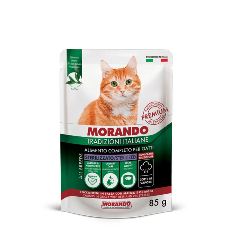 MORANDO TRADIZIONI ITALIANE GATTO STERILIZZATO BOCCONCINI IN GELATINA CON MANZO E ORTAGGI DA 85 GR IN BUSTA