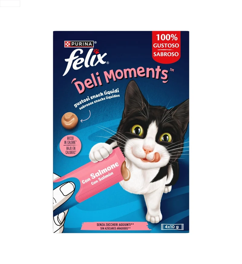PURINA FELIX SNACK LIQUIDO GATTO DELI MOMENTS SALMONE 4 PEZZI DA 10 GR