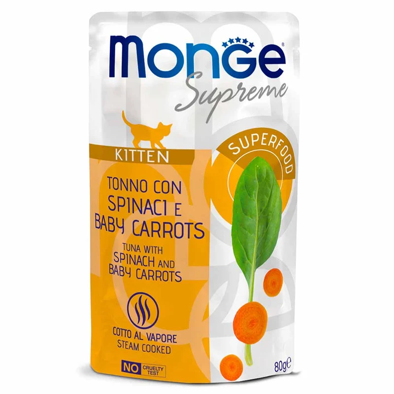 Alimento gatto Monge Supreme Kitten tonno spinaci e carote 80g