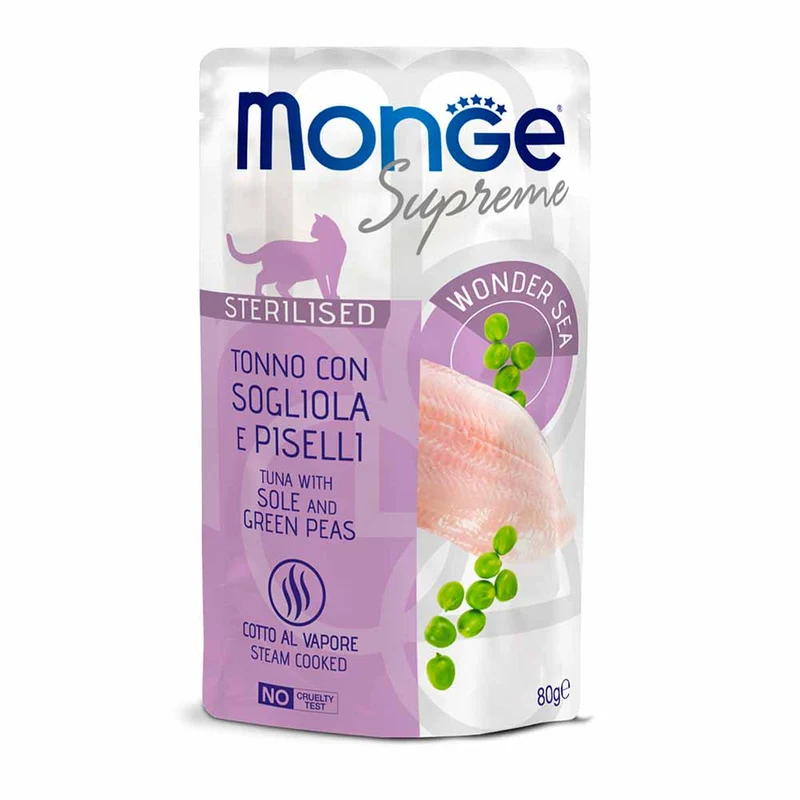 Alimento gatto Monge Supreme sterilised tonno con sogliola e piselli 80g
