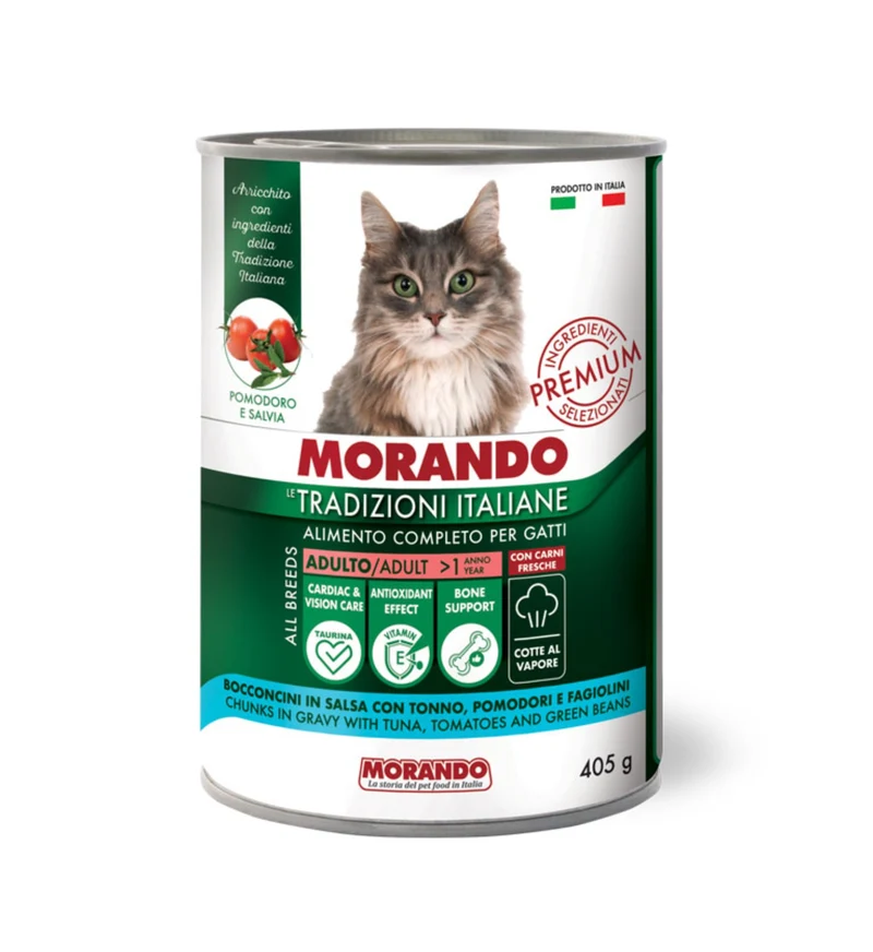 MORANDO TRADIZIONI ITALIANE GATTO ADULT BOCCONCINI IN SALSA TONNO POMODORI E FAGIOLINI DA 405 GR