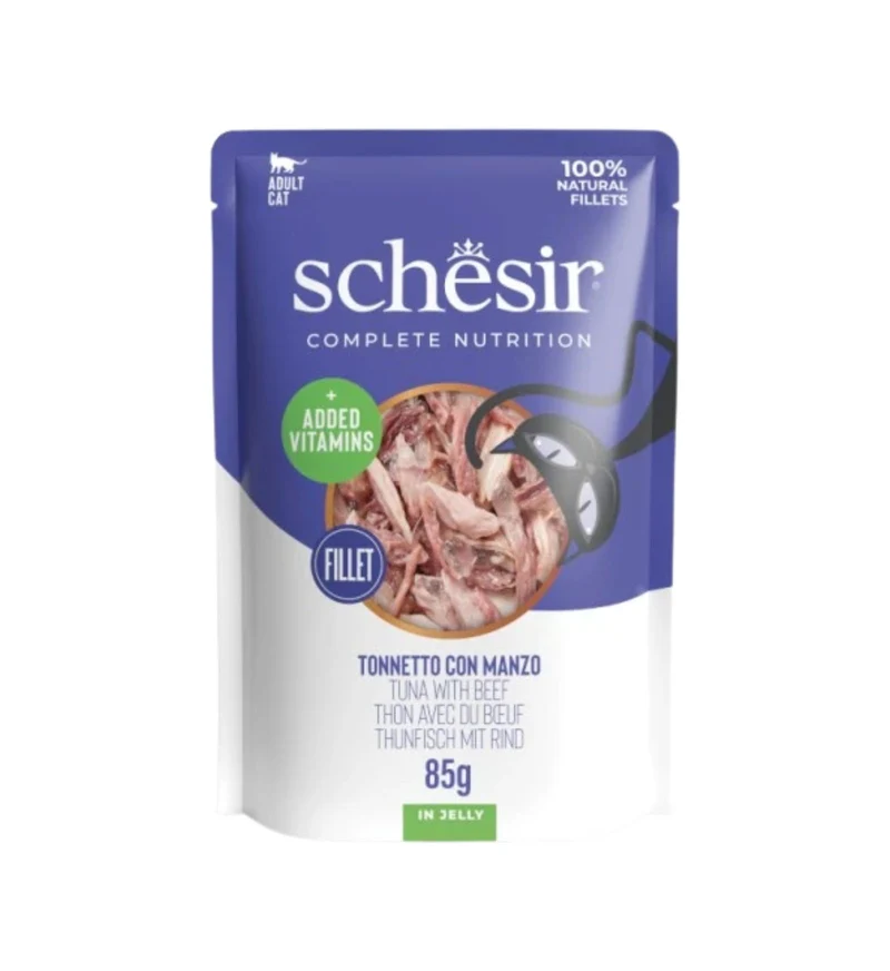 SCHESIR GATTO COMPLETO TONNO E MANZO IN GELATINA DA 85 GR IN BUSTA