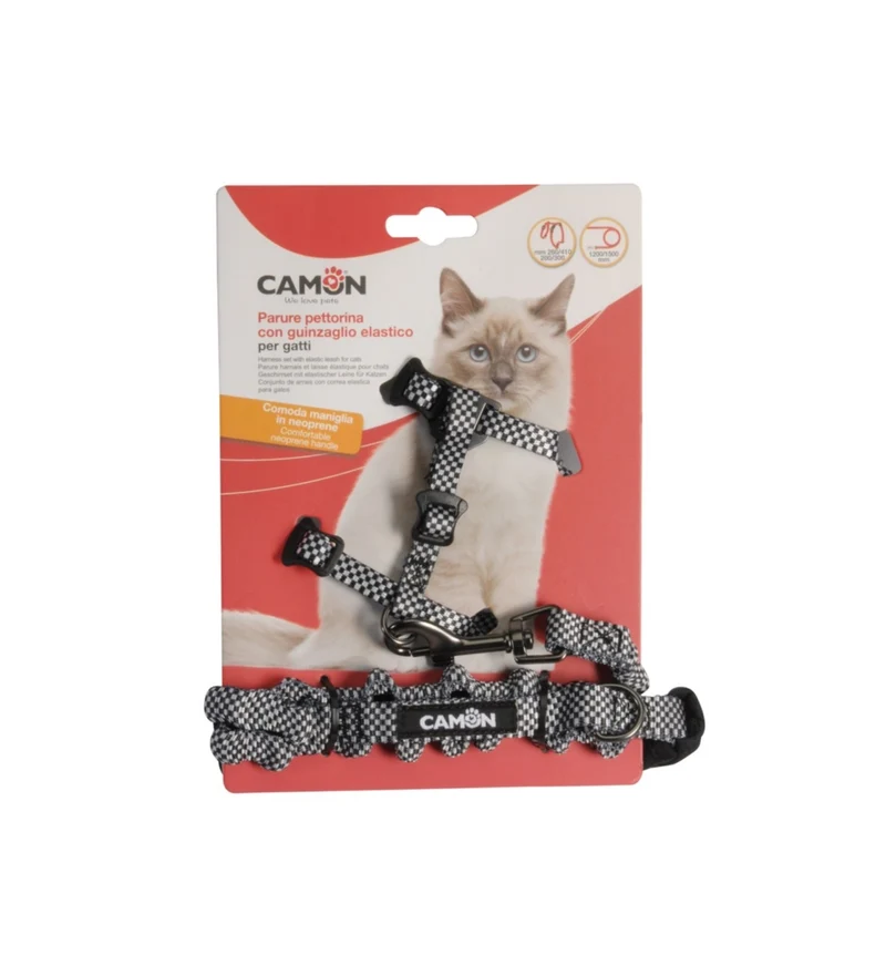 CAMON GATTO PETTORINA H CON GUINZAGLIO ELASTICO 120-150 CM E MANIGLIA IN NEOPRENE