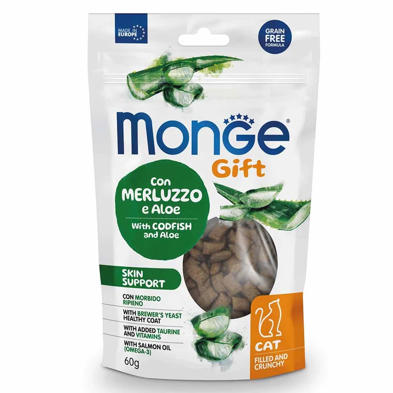 Alimento gatto Monge Gift cat Filled and Crunchy skin support merluzzo e aloe 60g