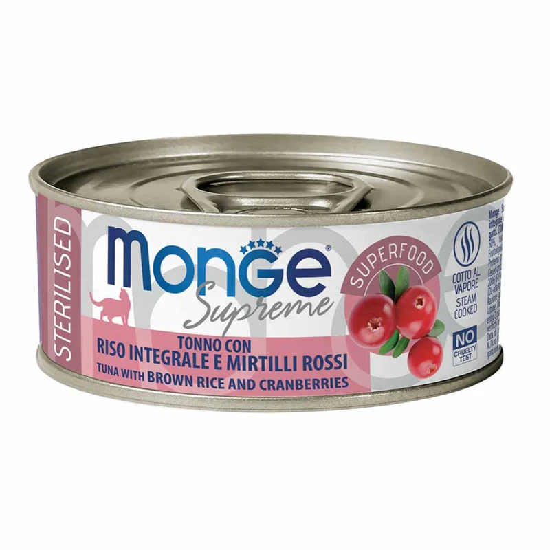Alimento gatto Monge Supreme sterilised Tonno con riso integrale e Mirtilli 80g