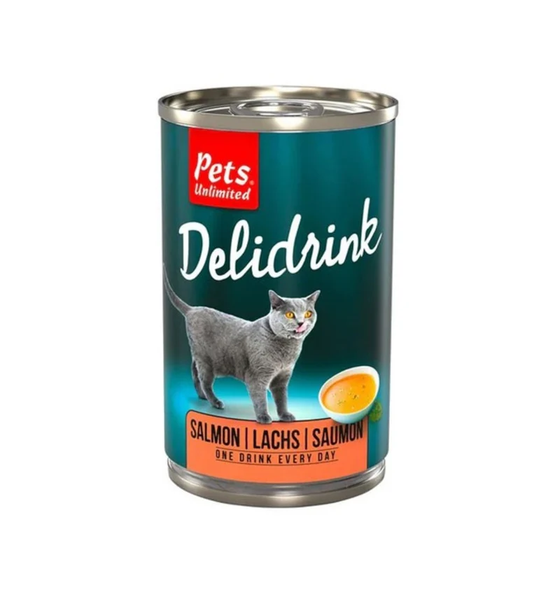 *PETS UNLIMITED GATTO SNACK DELIDRINK BRODO CON PEZZETTI DI SALMONE DA 135 GR IN LATTINA