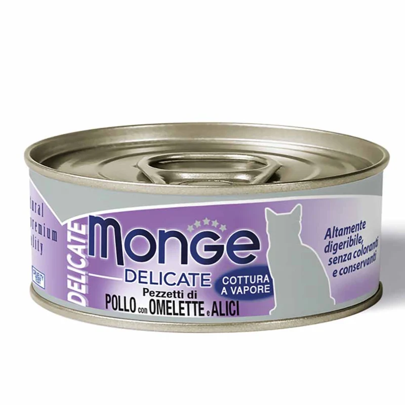 Alimento gatto Monge Delicate pollo con omelette e alici 80g