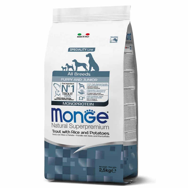 Alimento cane Monge superpremium all breeds puppy e junior Trota riso e patate 2,5kg