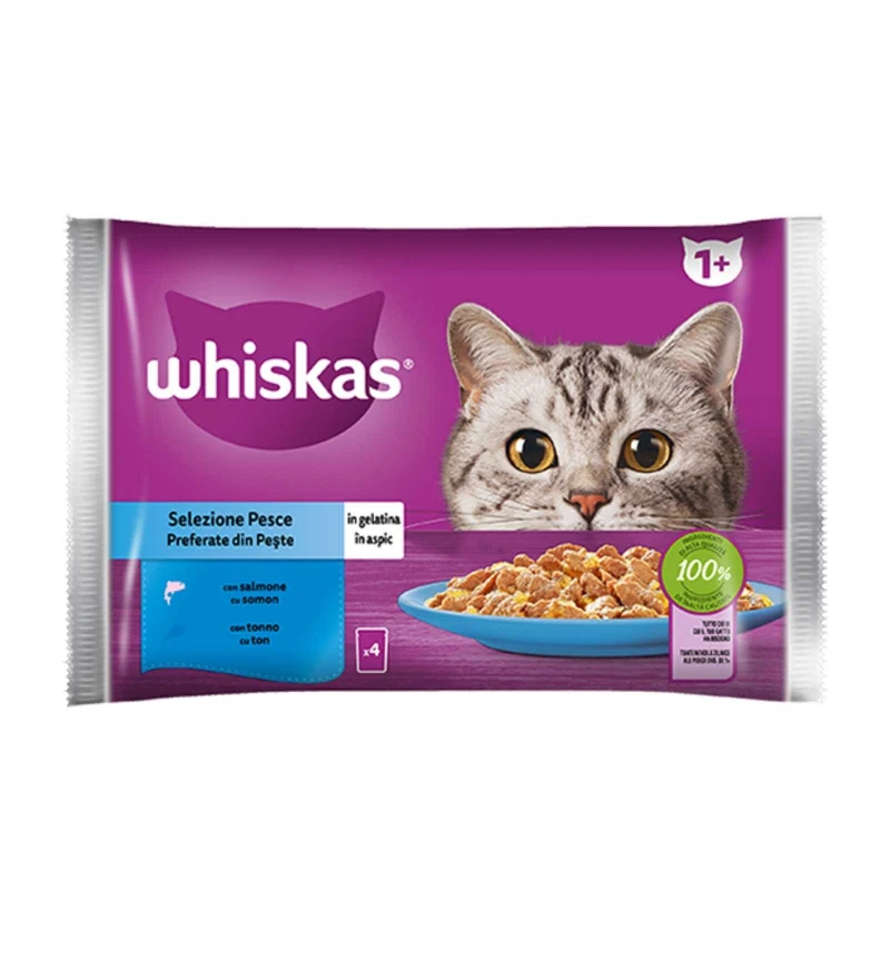 WHISKAS GATTO SELEZIONE PESCE IN GELATINA CON SALMONE E TONNO 4 BUSTE DA 85 GR