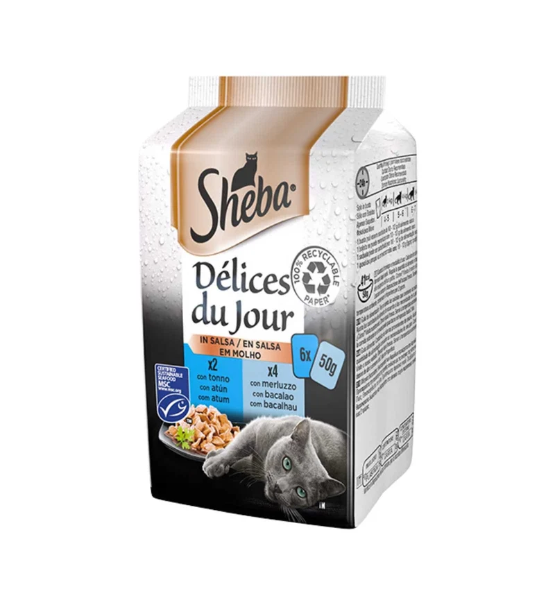SHEBA GATTO DELICE DU JOUR TONNO E MERLUZZO IN SALSA 6 BUSTE DA 50 GR