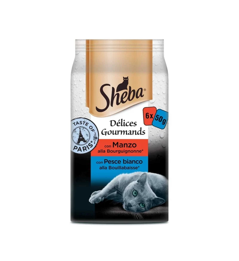 SHEBA GATTO DELICE DU JOUR DELICES GOURMANDS TASTE OF PARIS MANZO E PESCE BIANCO 6 BUSTE DA 50 GR