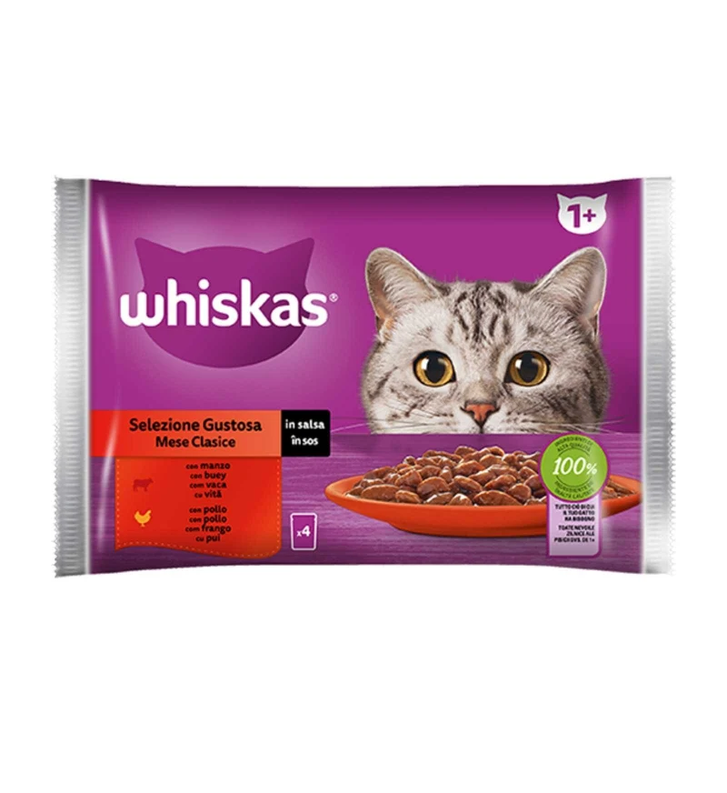 WHISKAS GATTO STRACCETTI SELEZIONE GUSTOSA CON POLLO MANZO AGNELLO POLLAME 4 BUSTE DA 85 GR