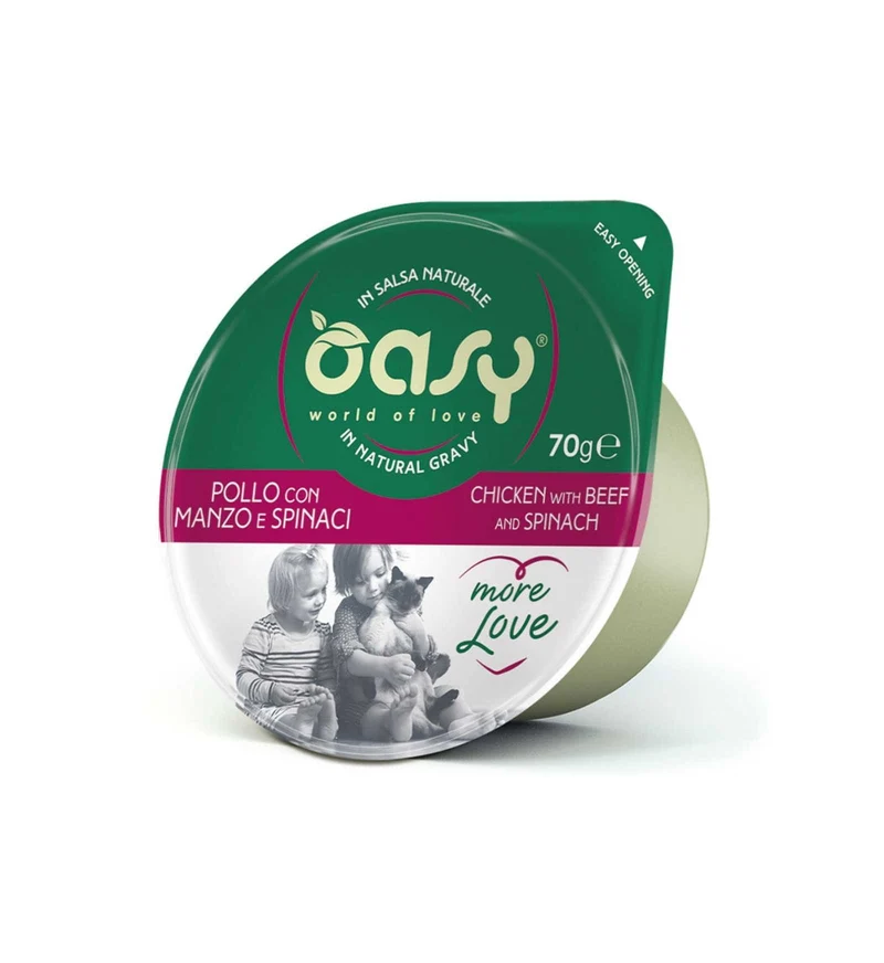 OASY MORE LOVE GATTO POLLO CON MANZO E SPINACI DA 70 GR IN VASCHETTA
