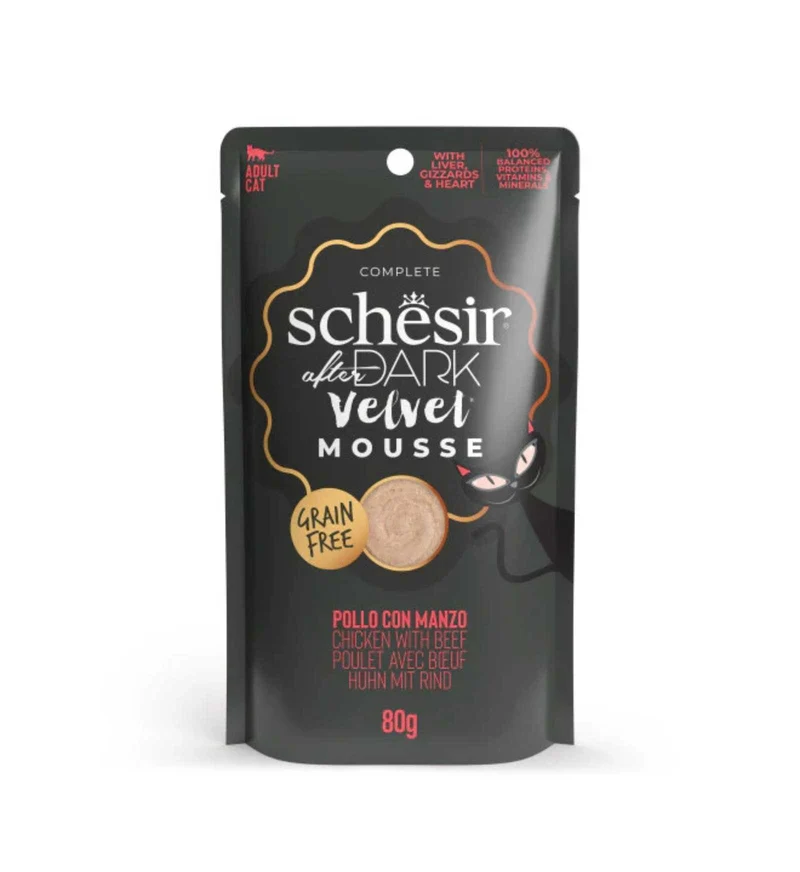 SCHESIR GATTO AFTER DARK ADULT VELVET MOUSSE POLLO MANZO DA 80 GR IN BUSTA