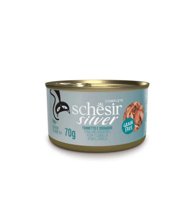 SCHESIR GATTO SILVER FILETTI IN BRODO TONNO E SGOMBRO DA 70 GR IN LATTINA