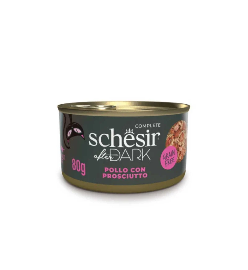 SCHESIR GATTO AFTER DARK FILETTI IN BRODO POLLO E PROSCIUTTO DA 80 GR IN LATTINA