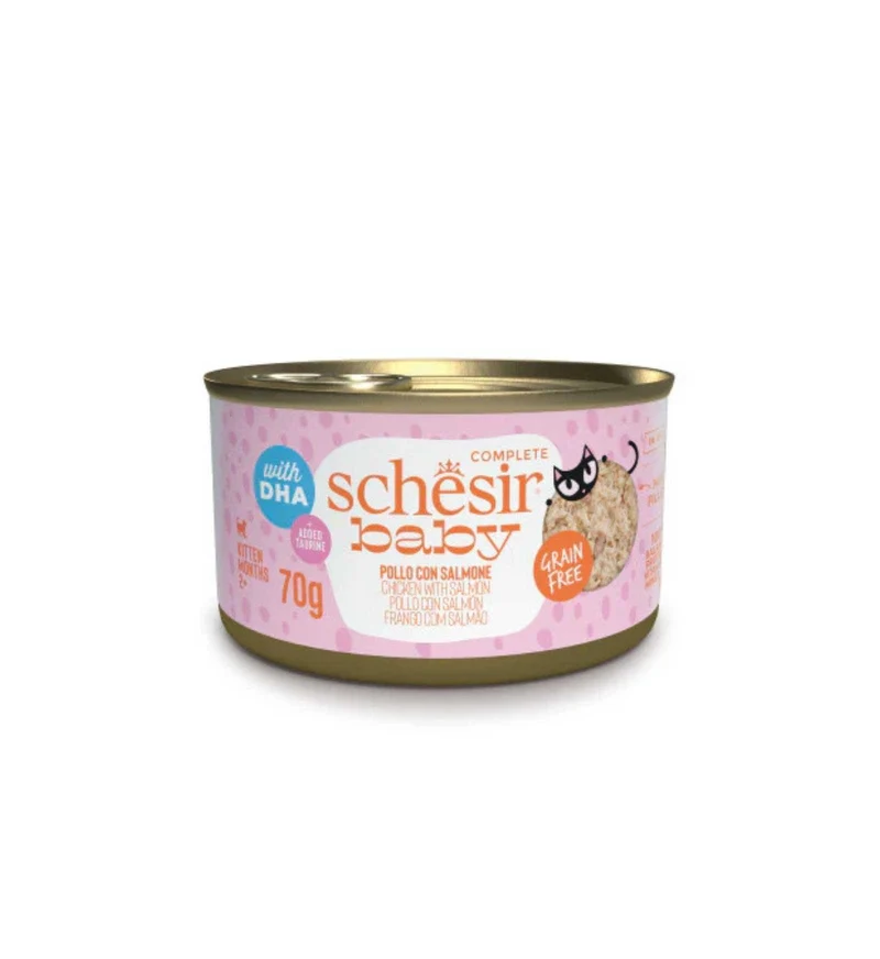 SCHESIR GATTO BABY FILETTI IN BRODO POLLO E SALMONE DA 70 GR IN LATTINA