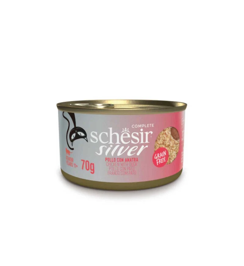 SCHESIR GATTO SILVER MOUSSE E FILETTI IN BRODO POLLO E ANATRA DA 70 GR IN LATTINA