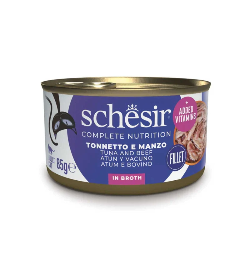 SCHESIR GATTO COMPLETO TONNO E MANZO CON RISO IN BRODO DA 85 GR