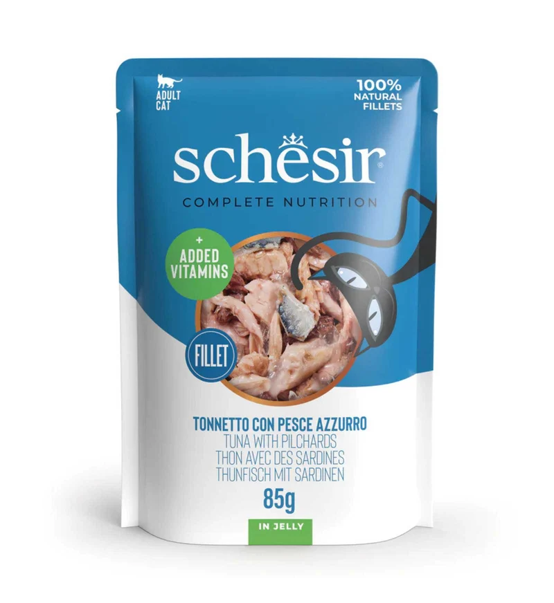 SCHESIR GATTO COMPLETO TONNO E PESCE AZZURRO IN GELATINA DA 85 GR IN BUSTA