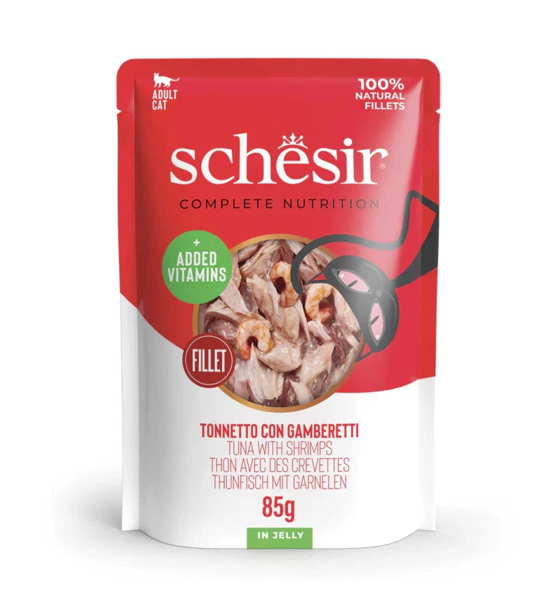 SCHESIR GATTO COMPLETO TONNO E GAMBERETTI IN GELATINA DA 85 GR IN BUSTA