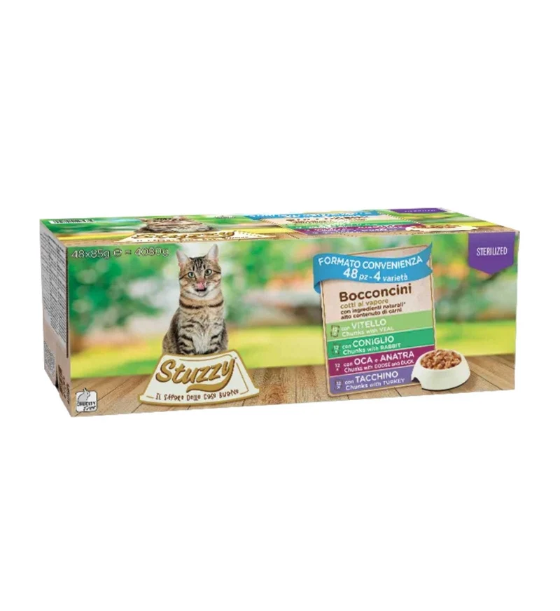 STUZZY GATTO STERILIZZATO MEGAPACK 48X85 GR IN SALSA CON TACCHINO, OCA E ANATRA, VITELLO E CONIGLIO IN BUSTA