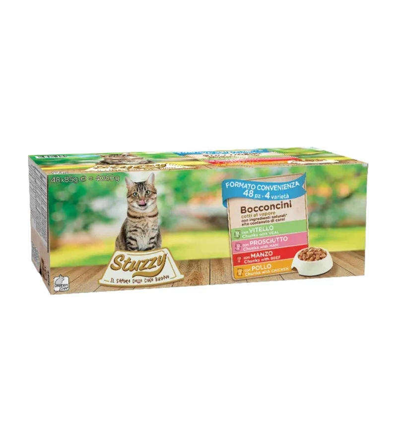 stuzzy gatto adult megapack 48x85 gr in salsa con pollo, manzo, prosciutto e vitello in busta