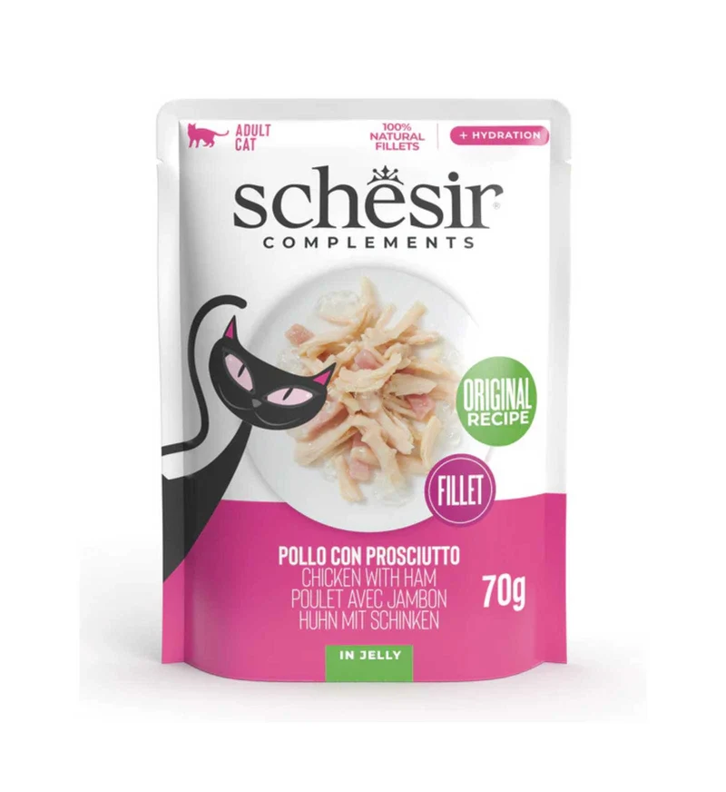 SCHESIR GATTO COMPLEMENTARE POLLO E PROSCIUTTO IN GELATINA DA 70 GR IN BUSTA